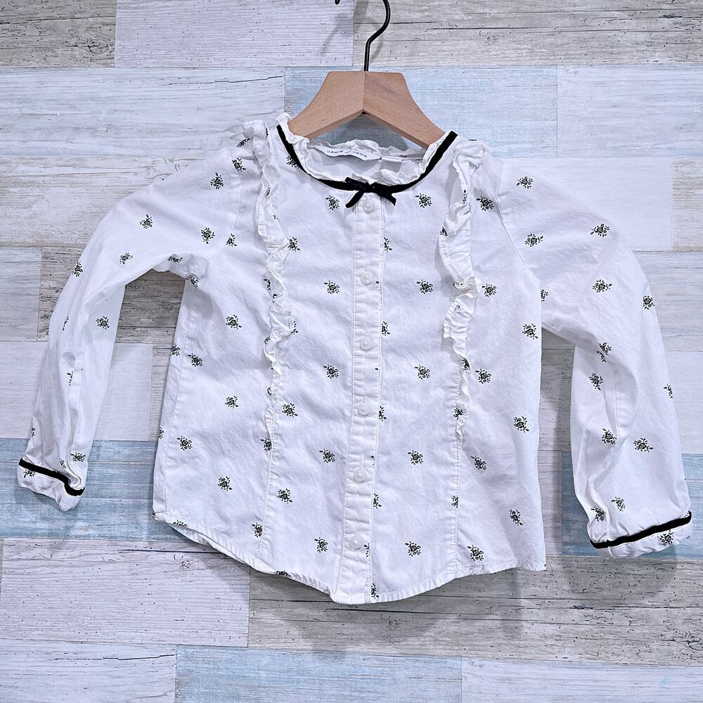 Janie & Jack Floral Ruffle Ribbon Trim Shirt White Black Cotton Poplin Girls 4